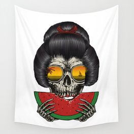 skull with hair style of a geisha eating watermelon Wall Tapestry