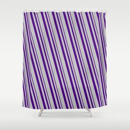 [ Thumbnail: Indigo and Grey Colored Pattern of Stripes Shower Curtain ]