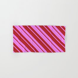 [ Thumbnail: Violet and Red Colored Striped Pattern Hand & Bath Towel ]