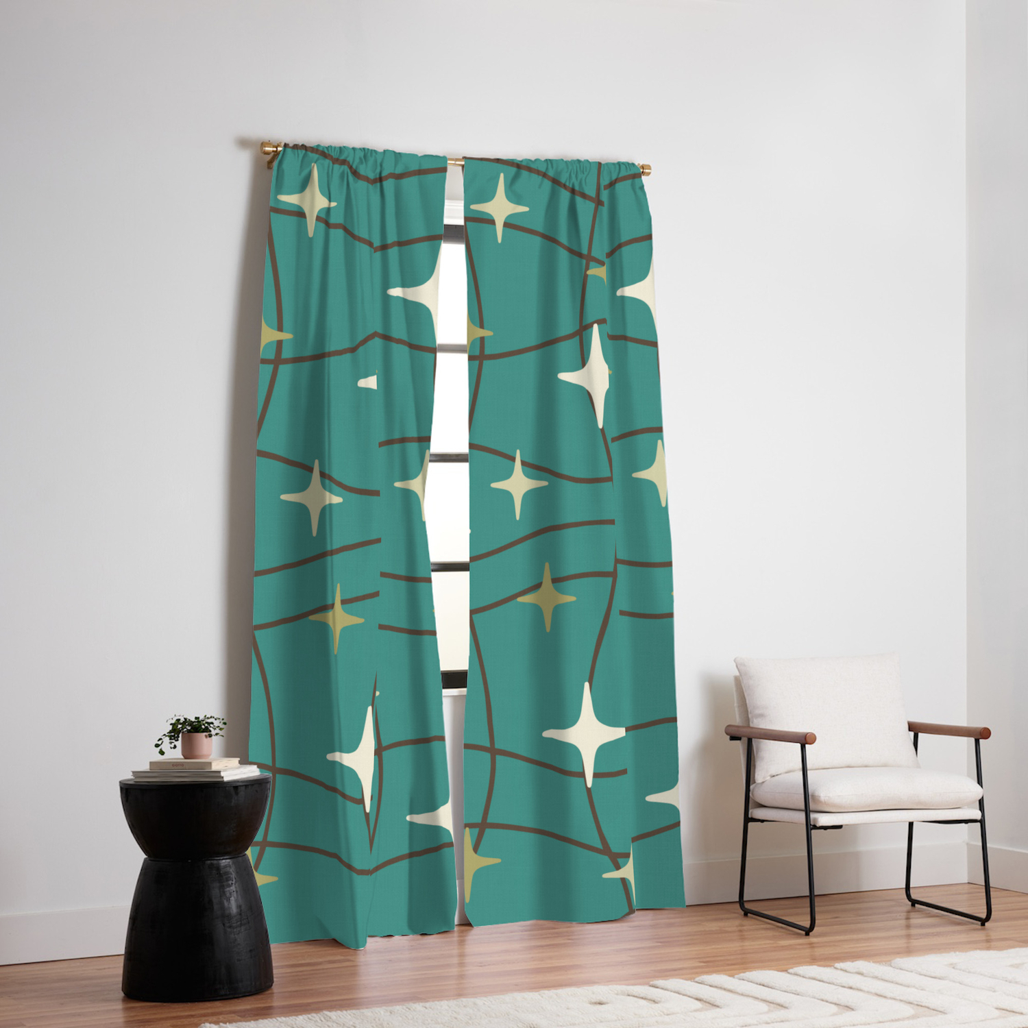Mid Century Modern Cosmic Star Pattern 693 Teal Green Beige And