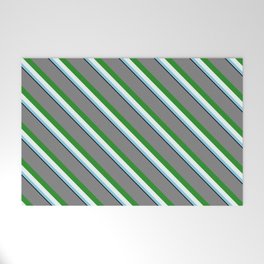 [ Thumbnail: Colorful Grey, Forest Green, Mint Cream, Sky Blue & Black Colored Pattern of Stripes Welcome Mat ]