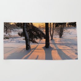 Sunset in the Snowy Forest  Beach Towel