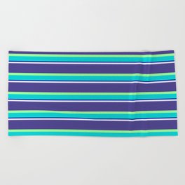 [ Thumbnail: Lavender, Dark Slate Blue, Green, Dark Turquoise & Dark Blue Colored Striped Pattern Beach Towel ]