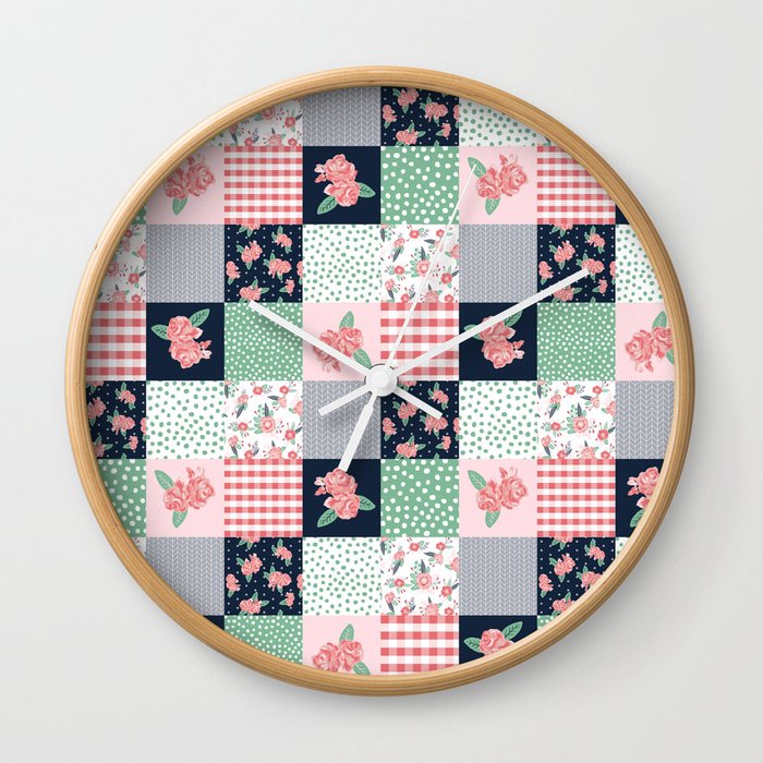 Cheater Quilt basic trendy floral pattern navy pink modern nursery florals cheater quilts Wall Clock