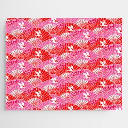 Preppy Room Decor - Pink Red Chinoiserie Fans Pattern Jigsaw Puzzle