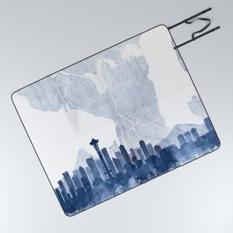 Seattle Skyline & Map Watercolor Navy Blue, Print by Zouzounio Art Picnic Blanket