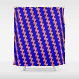 [ Thumbnail: Blue and Dark Orange Colored Lined/Striped Pattern Shower Curtain ]