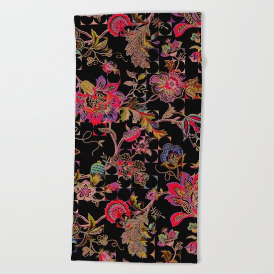 ancient floral on black background Beach Towel