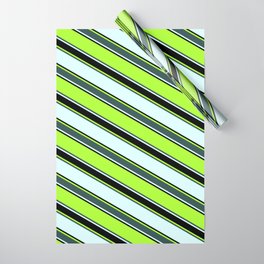 [ Thumbnail: Light Green, Dark Slate Gray, Light Cyan, and Black Colored Striped Pattern Wrapping Paper ]