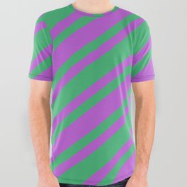 [ Thumbnail: Orchid & Sea Green Colored Stripes/Lines Pattern All Over Graphic Tee ]