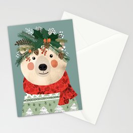 Polar Bear With Christmas Flowers Stationery Card