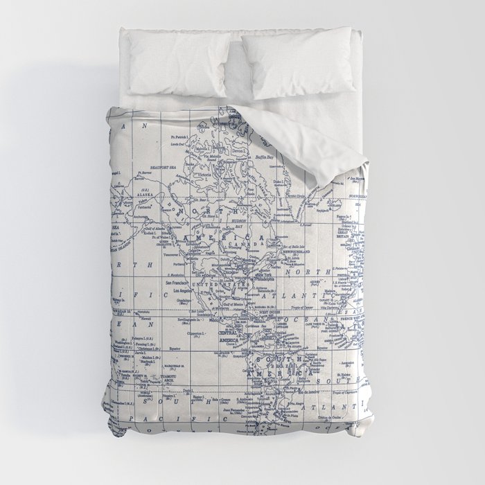 World Map Blue on White Comforter