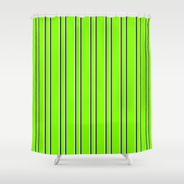 [ Thumbnail: Chartreuse, Beige, and Black Colored Lined Pattern Shower Curtain ]