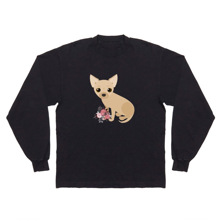 Chihuahua and Flowers Fawn Dog Gray Long Sleeve T Shirt