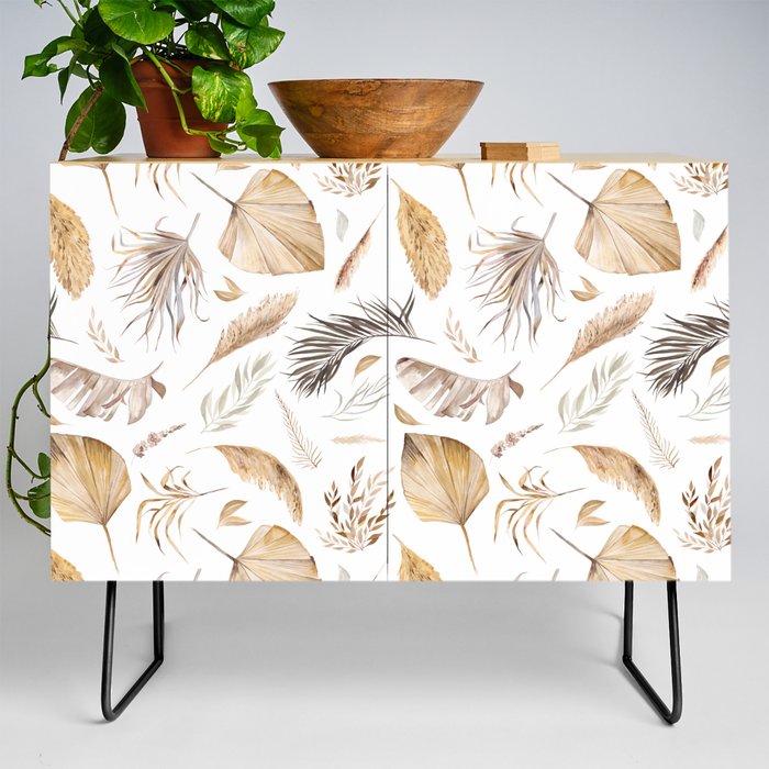 Watercolor Bohemian seamless pattern with dried tropical leaves illustration Credenza