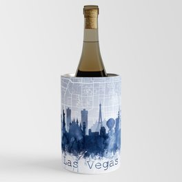 Las Vegas Skyline & Map Watercolor Navy Blue, Print by Zouzounio Art Wine Chiller