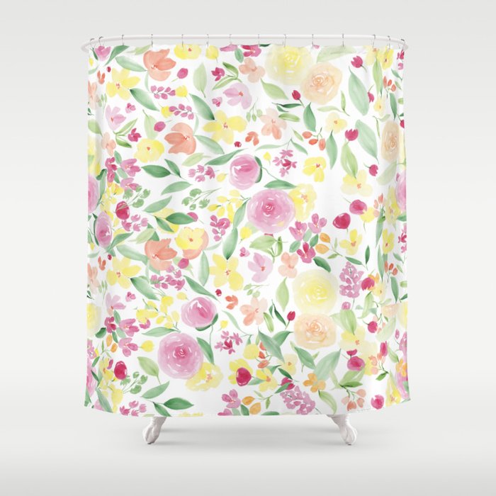 Pink pastel yellow summer floral watercolor pattern Shower Curtain