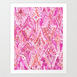 SUNSET DROPS OF WONDER Pink Ikat Watercolor Tribal Art Print