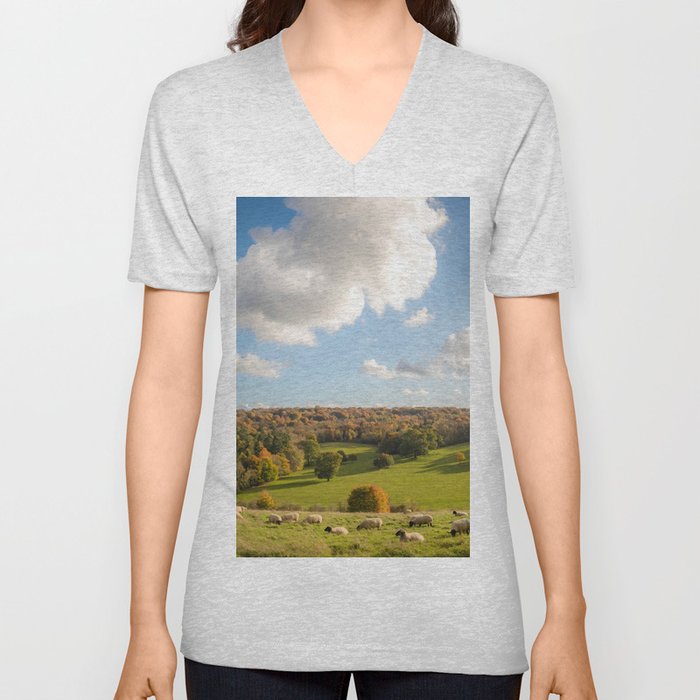 Beautiful English Countryside Farmland Sheep Grazing V Neck T Shirt