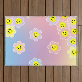 Colourful Pastel Happy Daisies on Pastel Gradient Rainbow Background Outdoor Rug