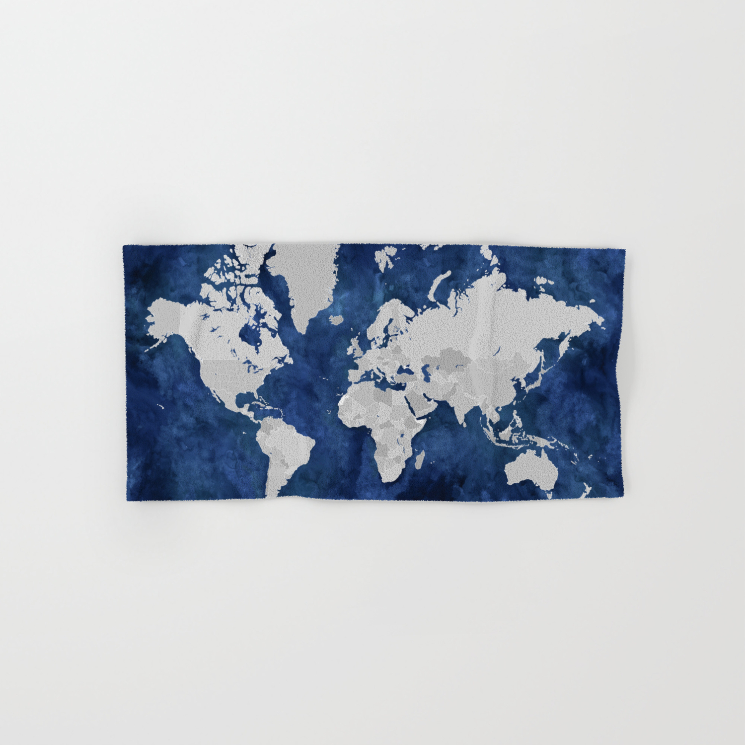 Dark Blue Watercolor And Grey World Map Hand Bath Towel By