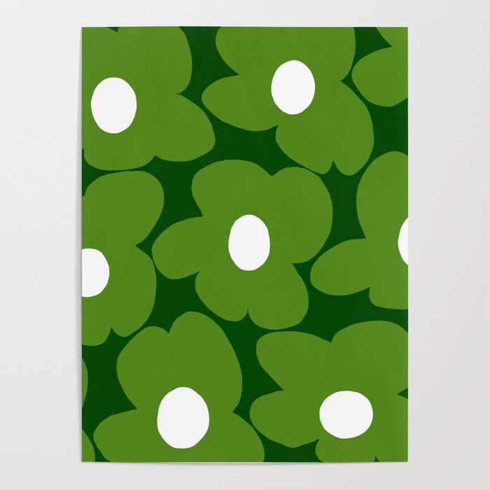 Spring Green Retro Flowers Dark Green Background #decor #society6 #buyart Poster