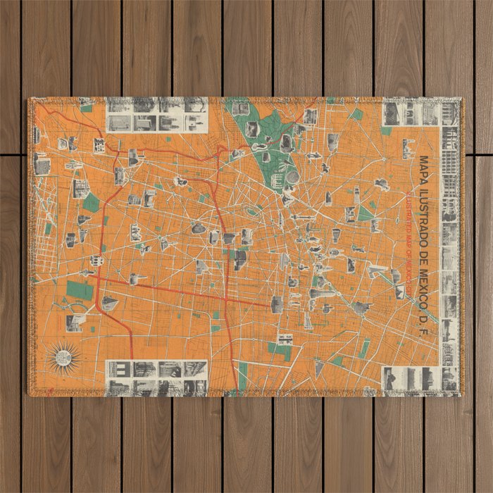 Vintage Map of Mexico City (Mexico) Outdoor Rug