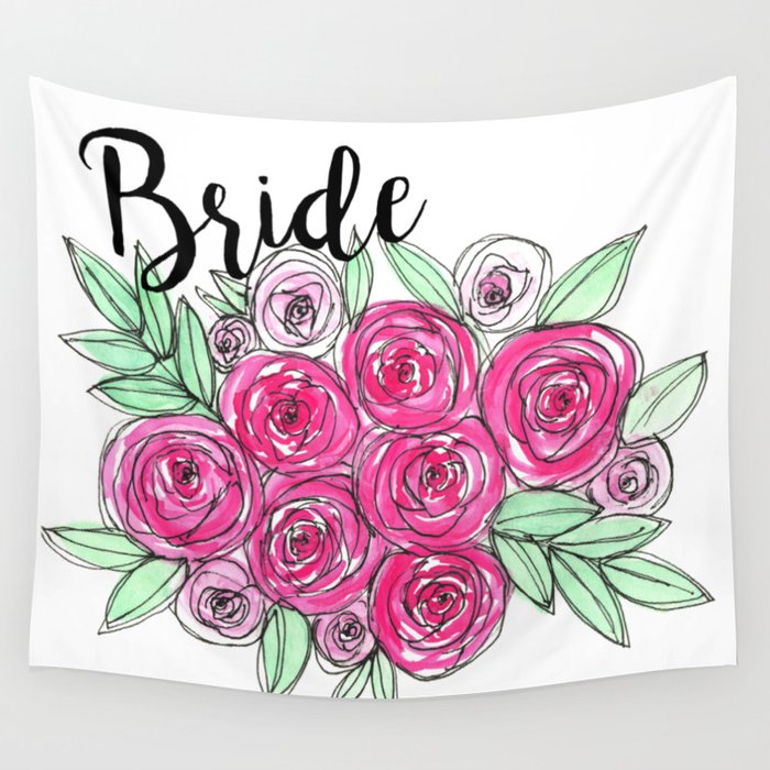 Bride Wedding Pink Roses Watercolor Wall Tapestry