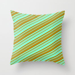 [ Thumbnail: Aquamarine and Dark Goldenrod Colored Lined/Striped Pattern Throw Pillow ]