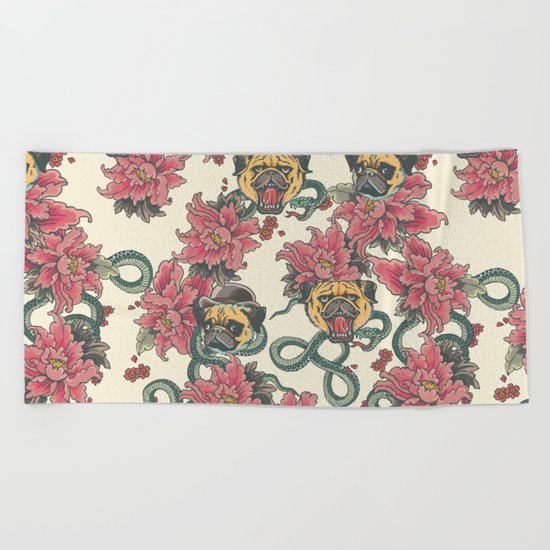 Snake and Pug Beach Towel