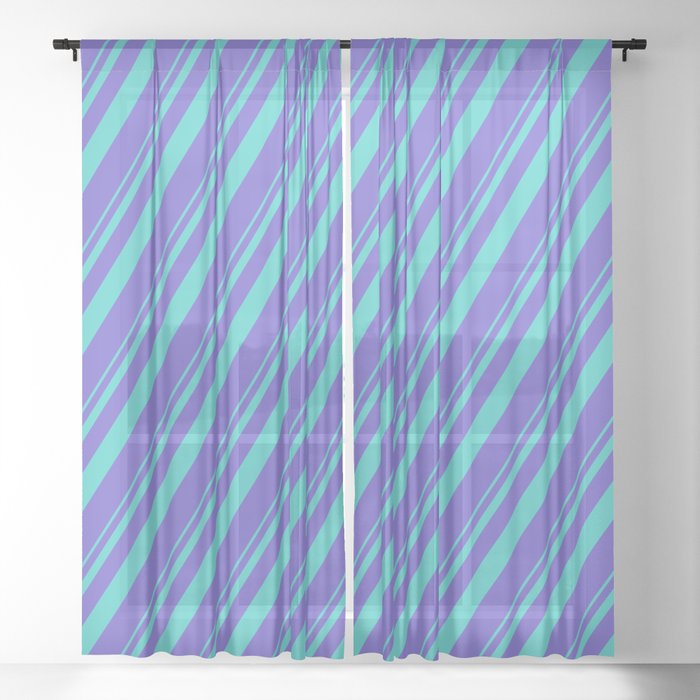 Turquoise & Slate Blue Colored Stripes/Lines Pattern Sheer Curtain