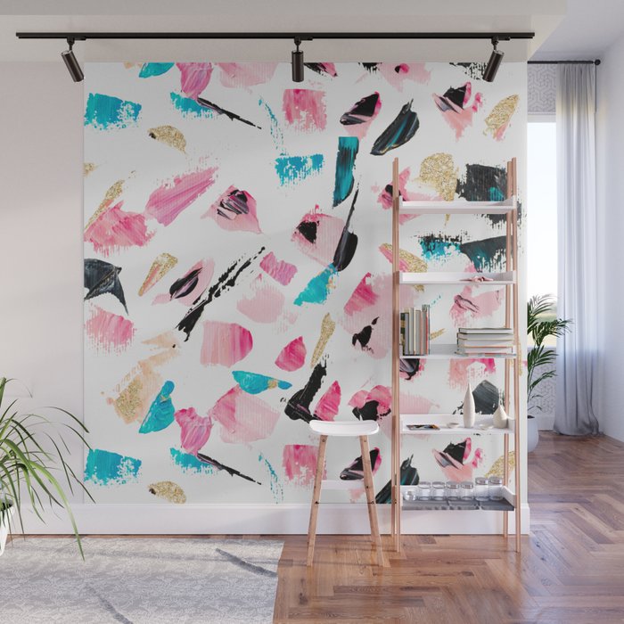Abstract Bright Pink Turquoise Black Gold Glitter Brushstrokes Abstract Bright Pink Turquoise Black Gold Glitter Brushstrokes Acrylic Paint Wall Mural By Ytrend Society6