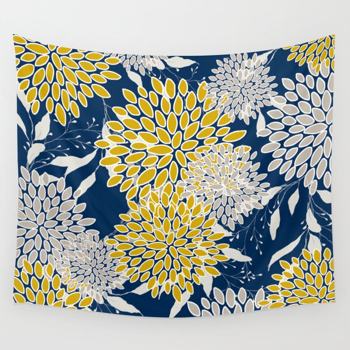 Floral Leaves and Blooms, Navy Blue, Yellow, Beige Wall Tapestry