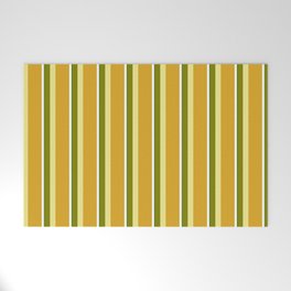 [ Thumbnail: Eye-catching Green, Tan, Goldenrod, White, and Dark Green Colored Lined/Striped Pattern Welcome Mat ]