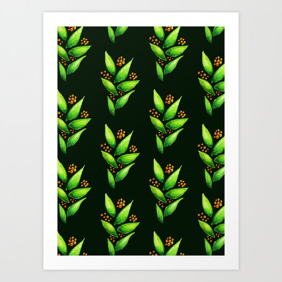Abstract Watercolor Green Plant With Orange Berries Art Print