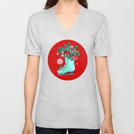 Ice Skates retro art on red with Robin and Baubles V Neck T Shirt