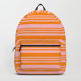 [ Thumbnail: Pink & Dark Orange Colored Lined Pattern Backpack ]
