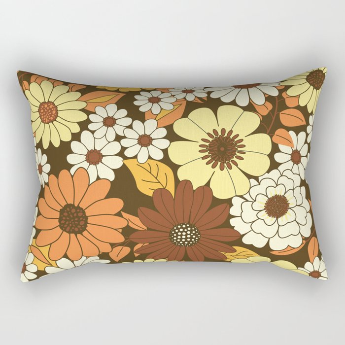 Brown, Orange, Ivory & Yellow Retro Flower Pattern Rectangular Pillow