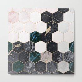 Hexagon Green Marble Honeycomb Mosaic Metal Print
