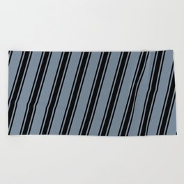 [ Thumbnail: Light Slate Gray and Black Colored Striped/Lined Pattern Beach Towel ]