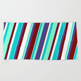 [ Thumbnail: Dark Turquoise, Aquamarine, Dark Slate Blue, Maroon, and White Colored Pattern of Stripes Beach Towel ]