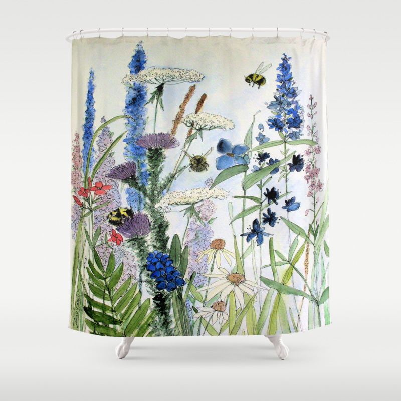 Wildflower In Garden Watercolor Flower, Wildflower Shower Curtain