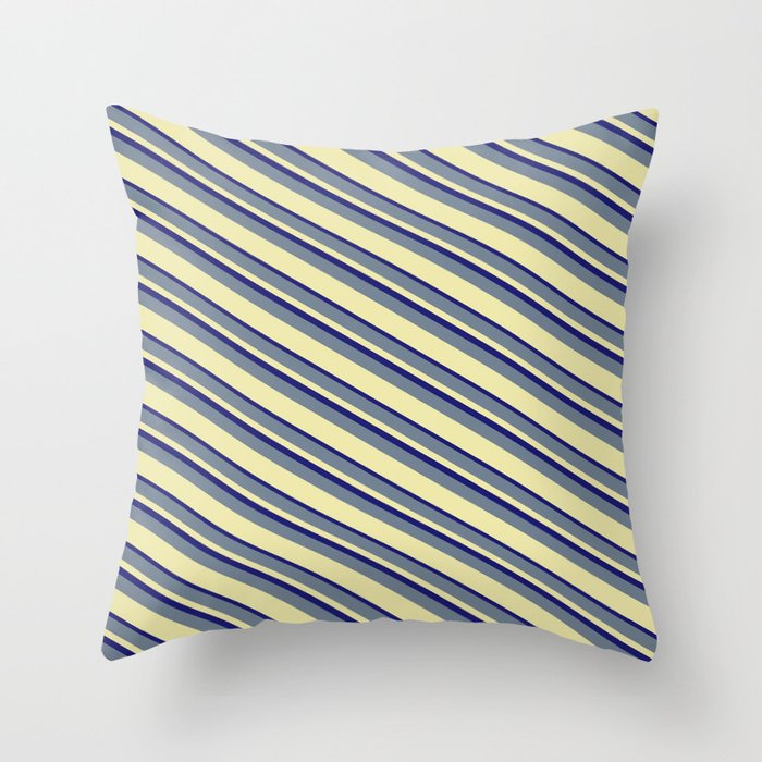 Slate Gray, Pale Goldenrod & Midnight Blue Colored Striped/Lined Pattern Throw Pillow