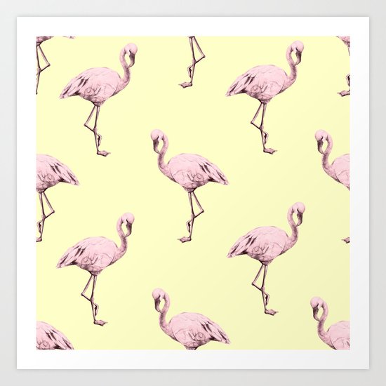 Flamingos in Flamingo Pink on Pale Yellow Art Print
