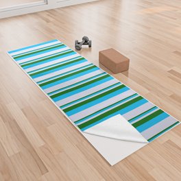 [ Thumbnail: Dark Green, Deep Sky Blue & Lavender Colored Lined/Striped Pattern Yoga Towel ]
