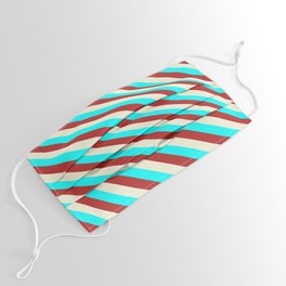 [ Thumbnail: Aqua, Red & Beige Colored Pattern of Stripes Face Mask ]