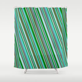 [ Thumbnail: Turquoise, Slate Gray, Dark Olive Green, Light Blue, and Green Colored Striped/Lined Pattern Shower Curtain ]