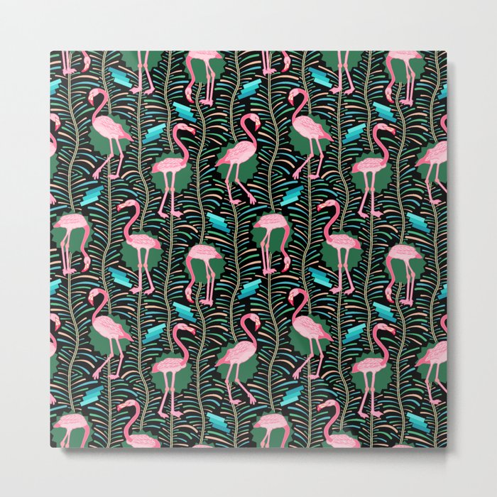 Flamingo Ferns Tropical Art Deco Black Pink Pattern Metal Print