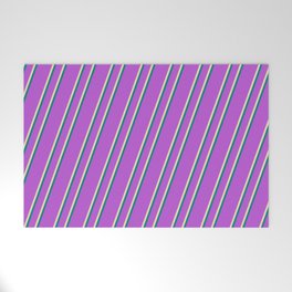 [ Thumbnail: Orchid, Tan & Teal Colored Stripes/Lines Pattern Welcome Mat ]