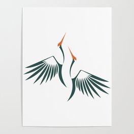 Flying Cranes Green Pattern Poster